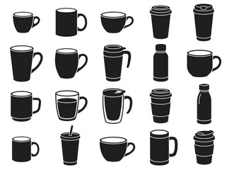 Obraz premium Set of icons with various coffee cups, mugs, and travel tumblers