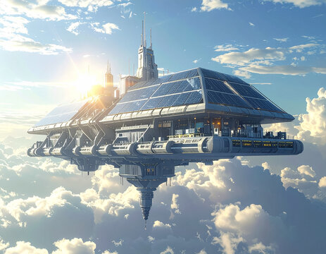 futuristic solar powered floating city above the clouds