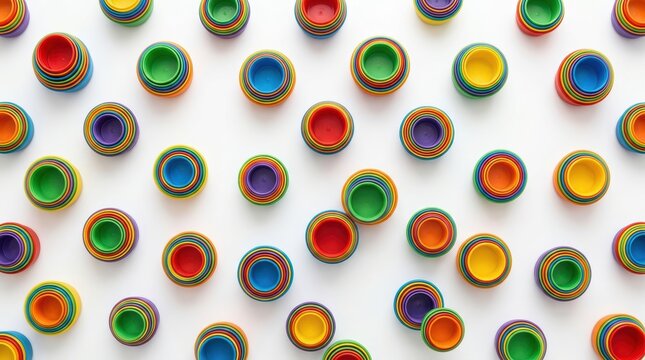 Colorful Circular Bottles with Caps Arranged Randomly on White Surface.