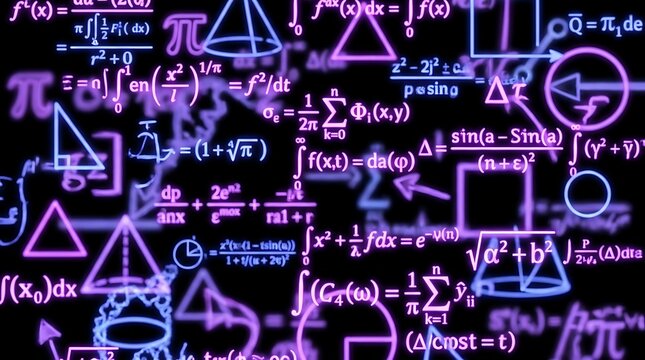 Complex mathematical formulas and symbols overlay on black background