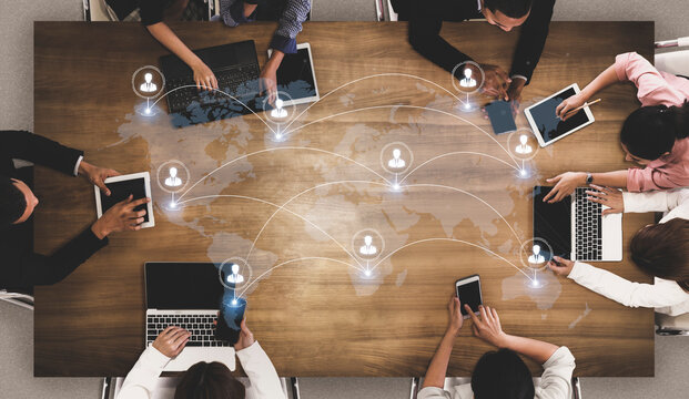 Concept of a global workforce and remote team collaboration. This international network represents professional human resources and social community connections across the world. Fermion