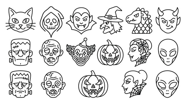 Spooky halloween character head line art set featuring monsters witches and spooky pumpkins.