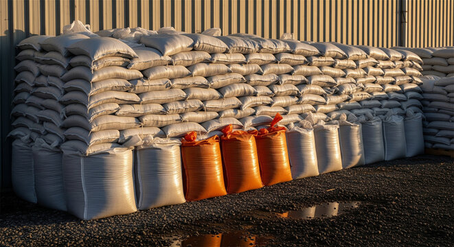 Industrial sandbags stacked for flood protection, white and orange polypropylene sacks in warehouse, emergency barrier for disaster prevention