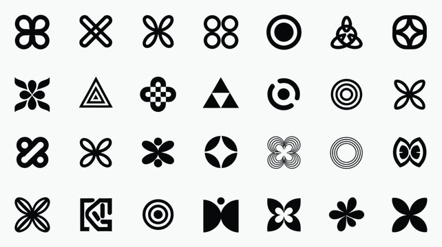 Minimalist geometric corporate logo marks collection featuring abstract shapes, cross symbols, concentric circles, triangles, and floral pattern badges.