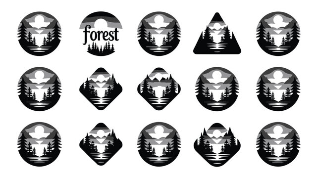 Minimalist monochrome forest emblem set featuring outdoor pine tree wilderness landscapes inside geometric circle, triangle, and diamond shapes.