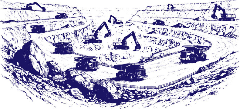 Large Open Pit Coal Mine with Terraced Excavation Layers, Mining Trucks and Excavators, Heavy Mining Industry Detailed Vector Line Art on White Background