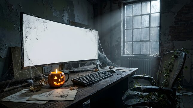Abandoned office with computer and jack-o-lantern on desk, Halloween theme