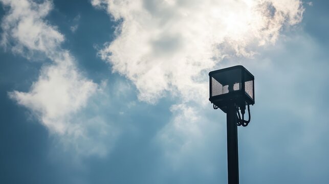 Outdoor air quality monitoring station device silhouetted against a cloudy sky