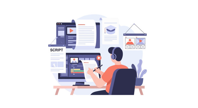 Video Editor Working on Computer with Script and Editing Software Interface