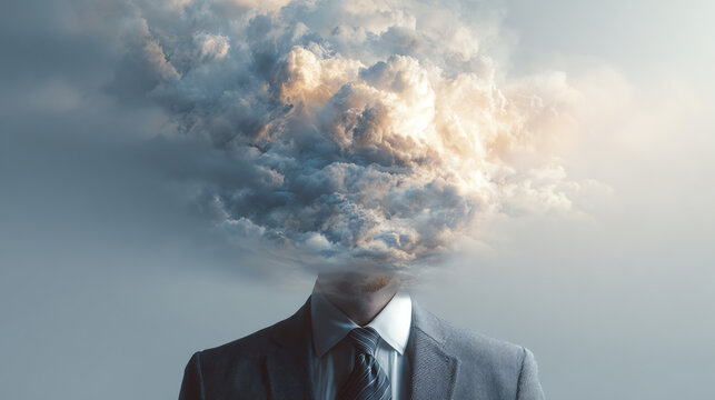 A conceptual image showcasing a business person with a cloud for a head, symbolizing creativity and imagination.