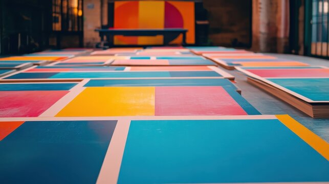 Rows of Vibrant Geometric Color Block Paper Sheets Laid Out for Production