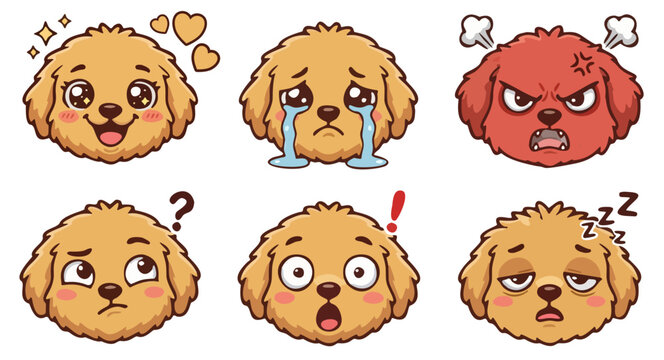 Cute puppy dog cartoon emoji set with various facial expressions and poodle mascot stickers vector illustration isolated on white background