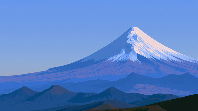 青空に映える雄大な富士山と手前に連なる美しい山並みのフラットな風景 生成AI