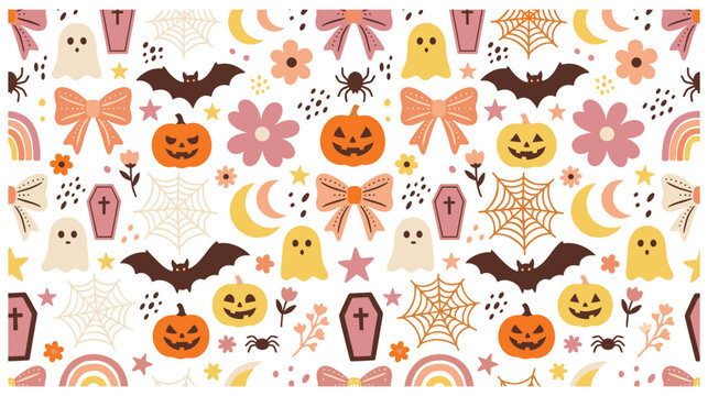 Halloween cute pattern with pumpkins, bats, ghosts, flowers, coffins, spiders.