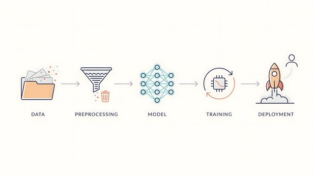 Machine learning workflow process diagram icons showing data pipeline stages with learning workflow pipeline analysis
