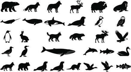 Collection of arctic and cold climate animal silhouettes showing bears whales and seals in black © Fensi