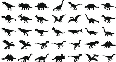 Another set of various dinosaur and prehistoric creature silhouettes isolated on plain white background © Fensi