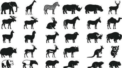 Collection of various animal silhouettes featuring wild and domestic creatures on a white background © Fensi