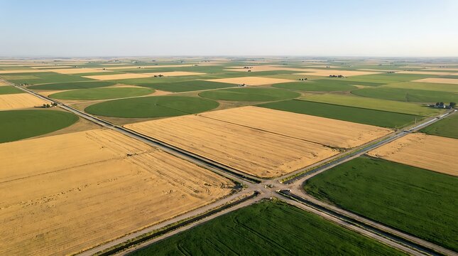 Aerial view of agricultural farming nampa landscape showcasing diverse crop circles and irrigation patterns in a rural farmland setting during daytime