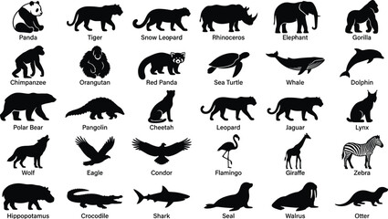 Set of black animal silhouette icons featuring various wildlife creatures on white background © Fensi