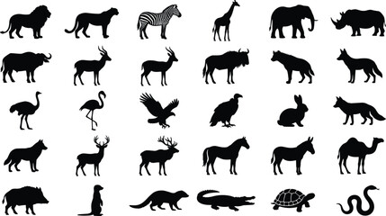 Set of black silhouette icons featuring various wild animals on a clean white background © Fensi