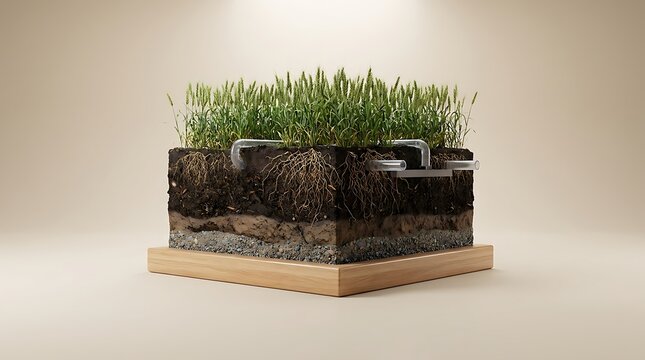 A detailed 3d rendered cross section of soil featuring wheat crops for farming nampa showing layered earth structure with embedded irrigation pipeline system