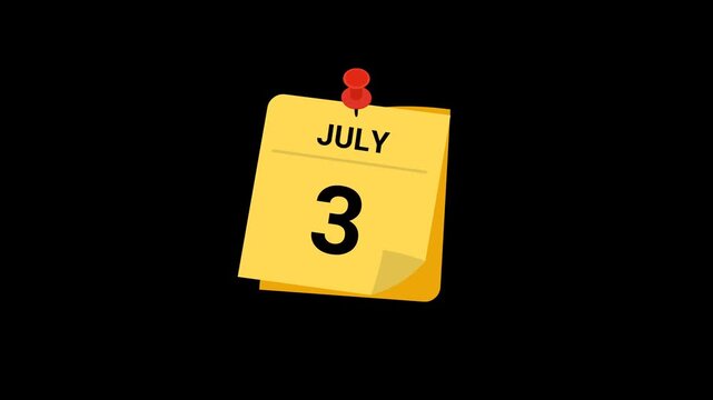 animated sticky note calendar showing July 3 with transparent background