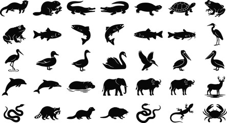 Fototapeta premium Various animal and bird silhouettes featuring mammals fish waterfowl and exotic species set icons