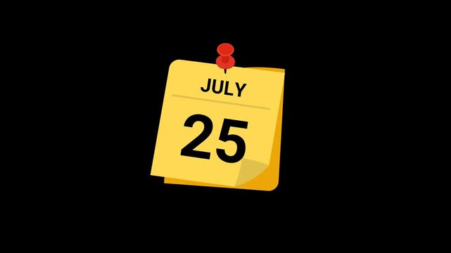 animated sticky note calendar showing July 25 with transparent background