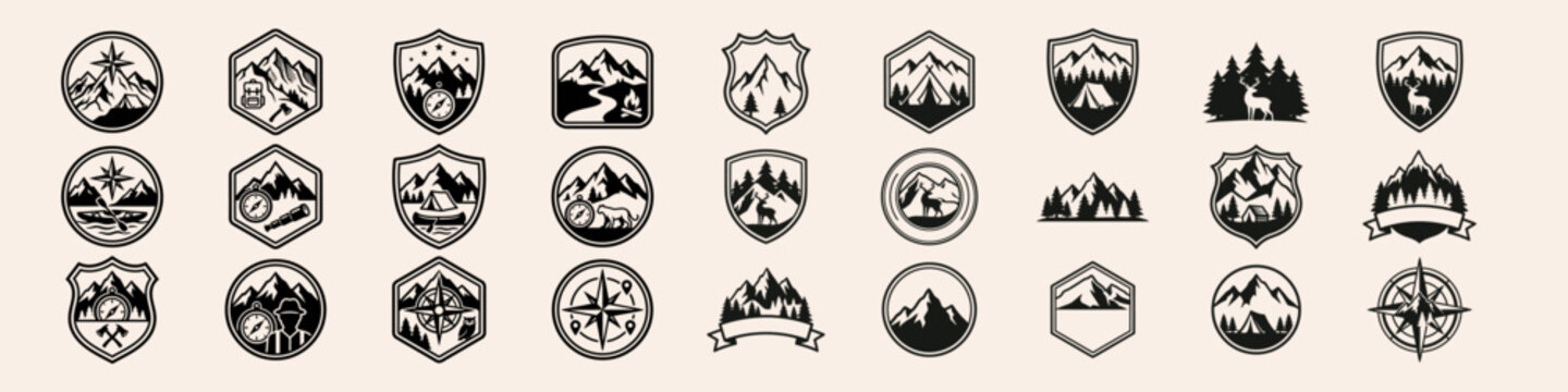 Modern nature logo badge collection featuring mountains, trees, wildlife, compass, and camping icons. Black monochrome vector isolated on white.