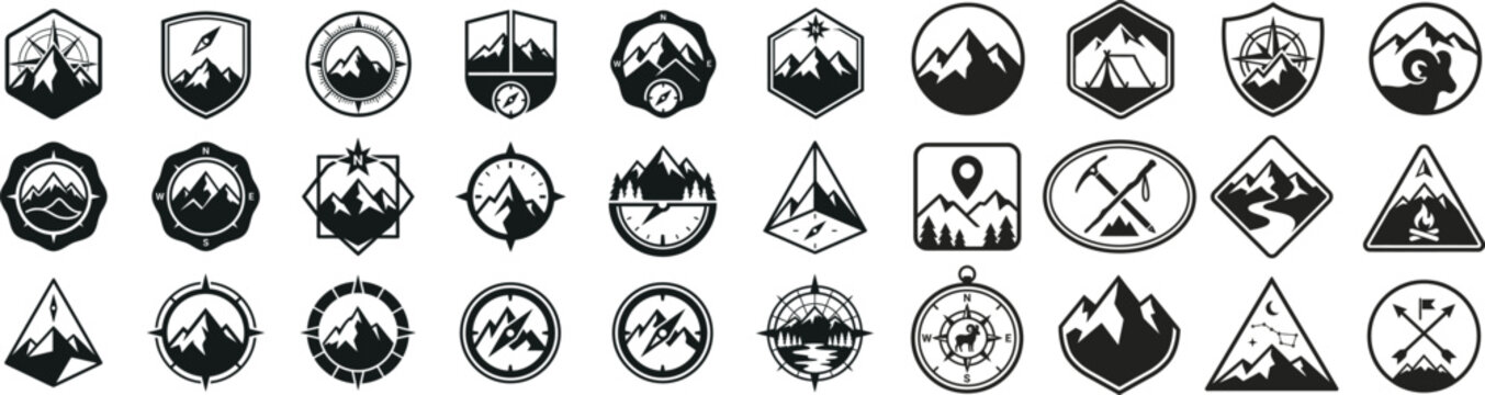 Nature adventure vector emblem collection featuring mountain landscapes, forest silhouettes, wildlife animals, camping symbols, hiking icons, and navigation graphics.