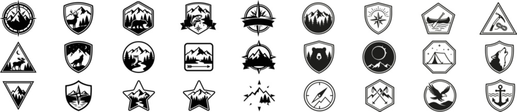 Creative wilderness logo set featuring hiking, mountain peaks, forests, wildlife, and camping themes. Monochrome vector.