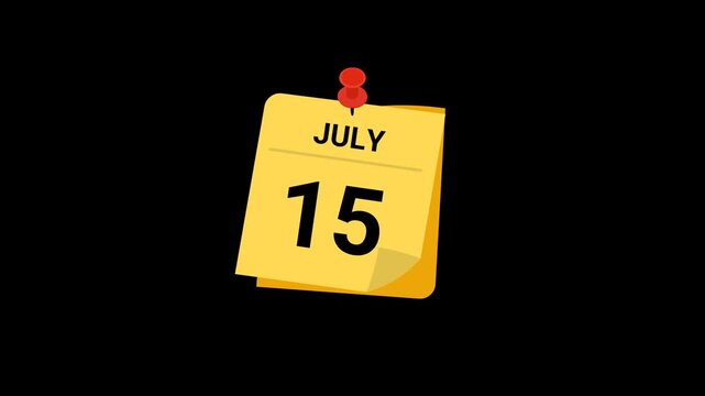 animated sticky note calendar showing July 15 with transparent background