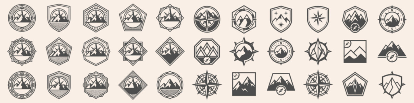 Modern wilderness logo collection with hiking, camping, forest, mountain, and wildlife graphics. Black monochrome vector set.