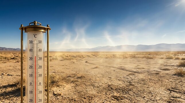 Thermometer in Desert Under Scorching Sun Illustrating Heat Wave