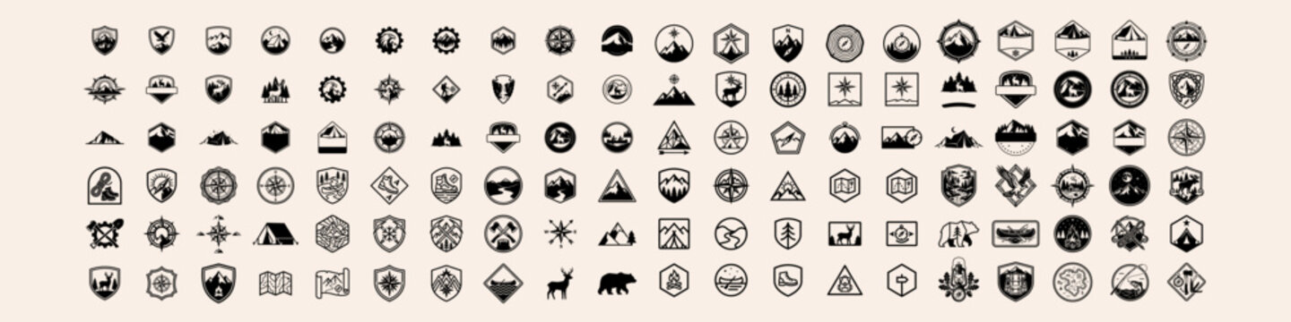 Black vector adventure badge collection with mountain landscapes, woodland scenes, wildlife, camping equipment, hiking motifs, and compass icons.
