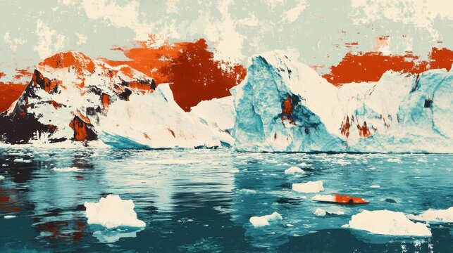 Vibrant abstract art depicting melting icebergs in a cold ocean, symbolizing global warming and environmental crisis