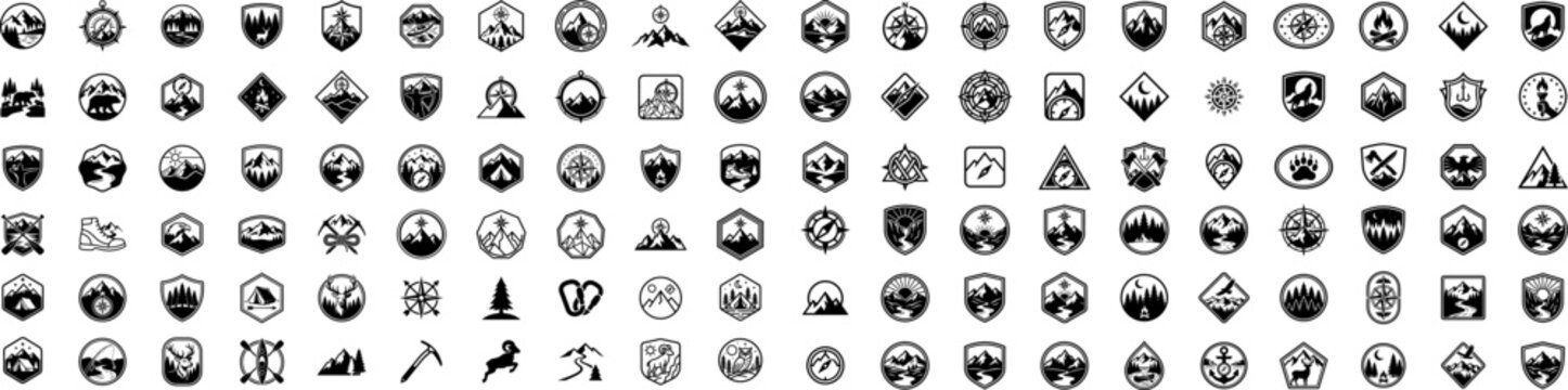 Collection of outdoor branding badges with mountain, forest, camping, hiking, compass, and wildlife themes.