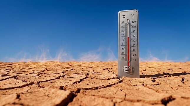 Thermometer on Cracked Dry Ground Representing Extreme Heat Wave