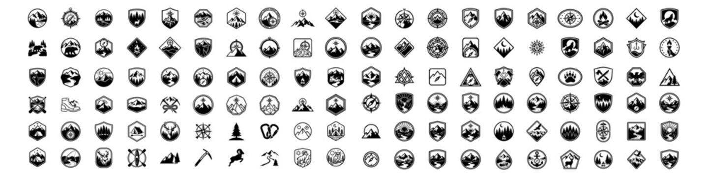 Collection of outdoor lifestyle logo badges with mountain, compass, forest, wildlife, and camping graphics. Black vector on white.