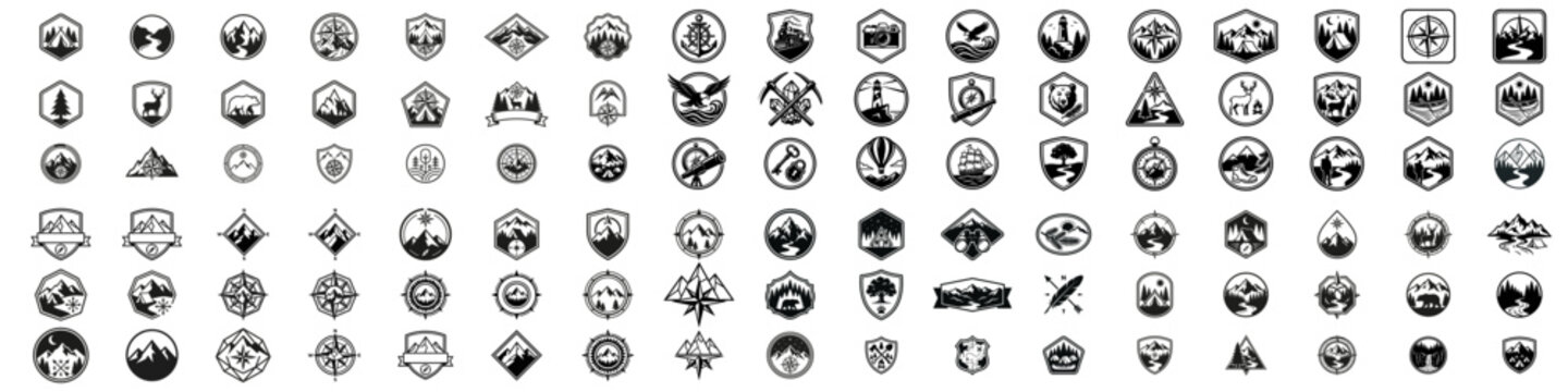 Mountain adventure logo collection with camping tents, wildlife, compass, forests, and hiking themes. Monochrome vector.