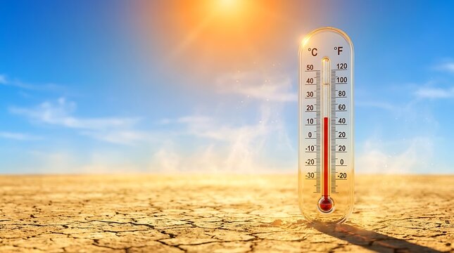 Thermometer on cracked earth during intense summer heat wave