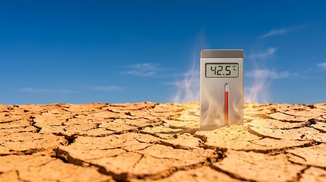 High temperature thermometer on cracked dry earth during heat wave