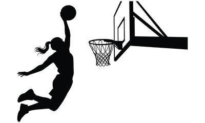 Energetic female basketball player performing a powerful slam dunk into the hoop depicted as a clean black silhouette vector illustration © Snaplix
