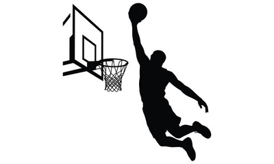 Athletic basketball player performing a powerful slam dunk maneuver towards the hoop in this sharp black and white vector graphic © Snaplix