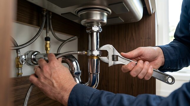 Plumber tightening pipe fitting under sink with adjustable wrench, working on plumbing under bathroom sink, domestic home maintenance and repair service concept.