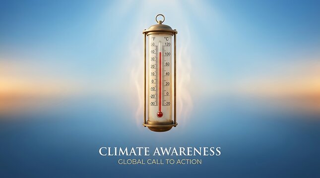 Conceptual Climate Awareness Poster with High Temperature Thermometer