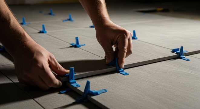 Skilled Hands Installing Floor Tiles With Modern Leveling Tools