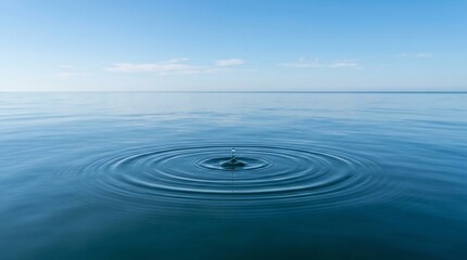 Fototapeta premium Single water drop falling onto a calm blue ocean surface creating perfect concentric ripples under a clear sky