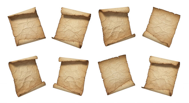 eight antique parchment scrolls arranged on white background suggesting history writing and announcement concepts for design